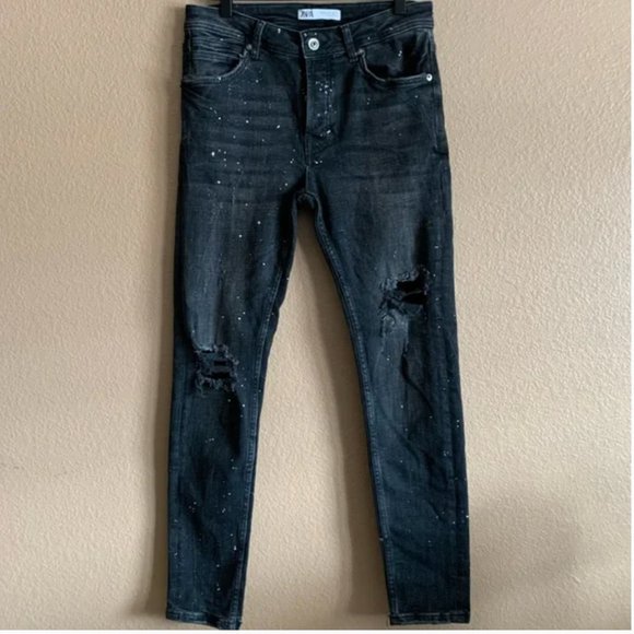 Zara Jeans Zara Black Paint Splatter Skinny Distressed Jeans Button